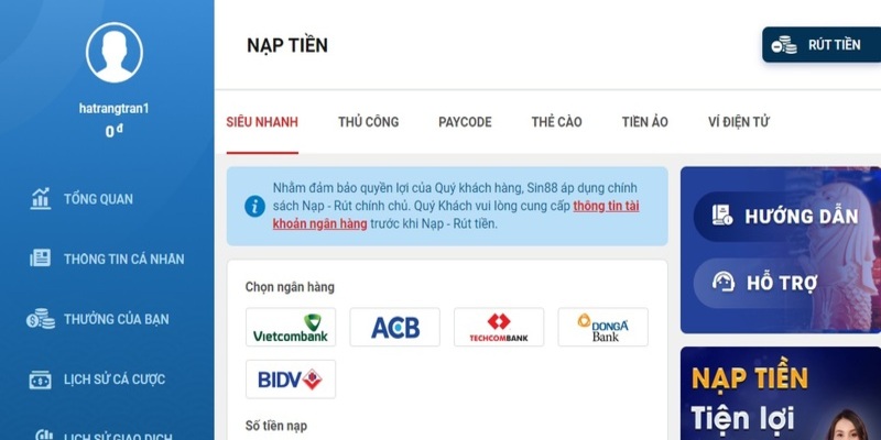 Hướng dẫn chi tiết nạp tiền Sin88 2024